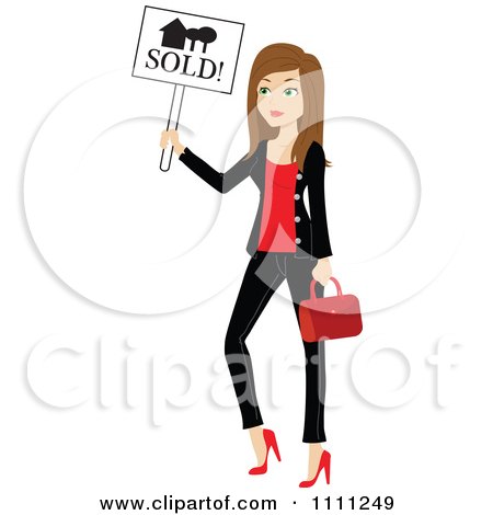 Clipart Stylish Brunette Real Estate Agent Holding A Sold Sign - Royalty Free Vector Illustration by Rosie Piter