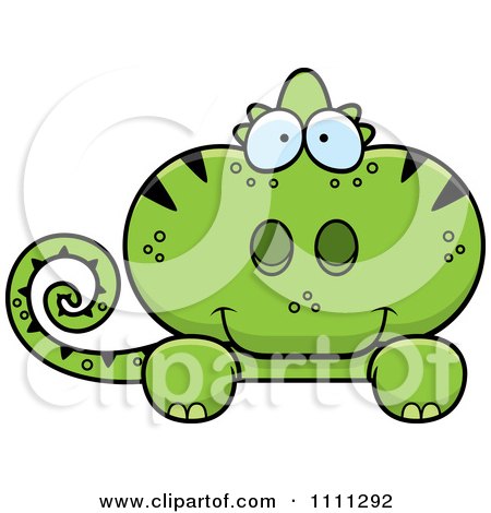 Clipart Cute Green Chameleon Lizard Looking Over A Sign - Royalty Free Vector Illustration by Cory Thoman