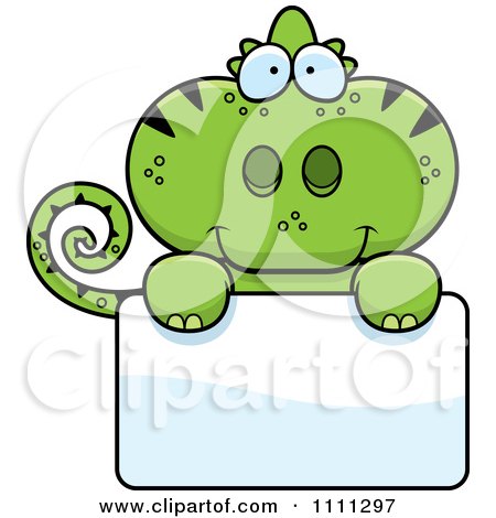 Clipart Cute Green Chameleon Lizard Over A Sign - Royalty Free Vector Illustration by Cory Thoman