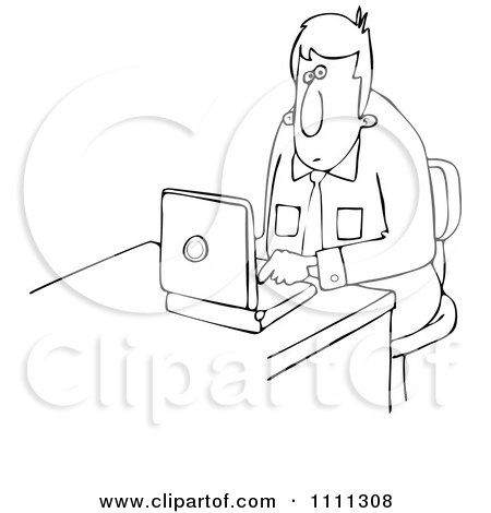 Clipart Outlined Businessman Working On A Laptop - Royalty Free Vector Illustration by djart
