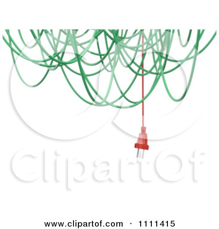 Clipart 3d Tangled Green Power Cables And One Red Plug Cable Hanging Down With Copyspace - Royalty Free CGI Illustration by Mopic