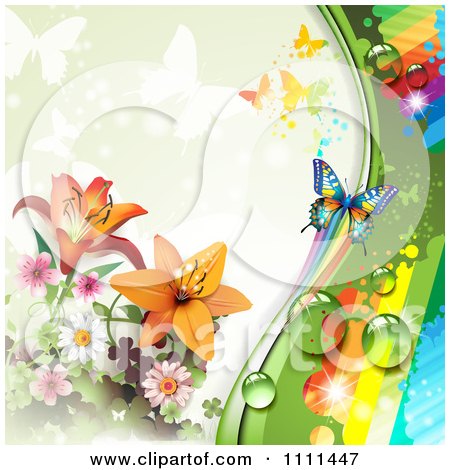 Clipart Background Of Lilies A Rainbow And Butterflies 1 - Royalty Free Vector Illustration by merlinul