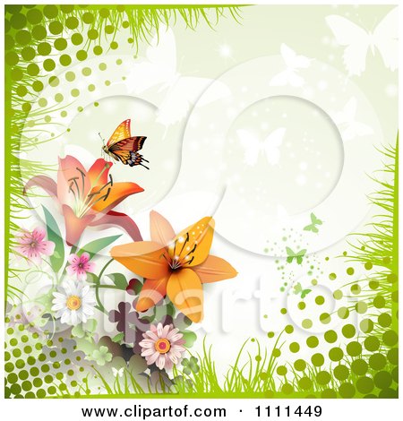 Clipart Background Of Lilies Light Butterflies And Halftone - Royalty Free Vector Illustration by merlinul