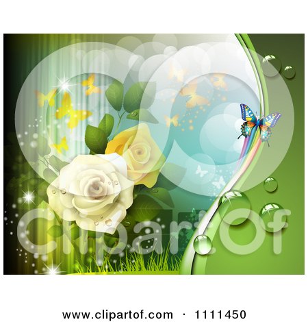 Clipart Background Of Yellow And White Roses Butterflies Light And Flares 2 - Royalty Free Vector Illustration by merlinul