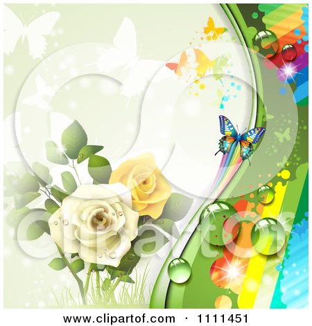 Clipart Background Of Yellow And White Roses Butterflies And A Rainbow 1 - Royalty Free Vector Illustration by merlinul