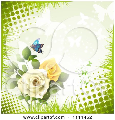 Clipart Background Of Yellow And White Roses With Butterflies And Halftone - Royalty Free Vector Illustration by merlinul