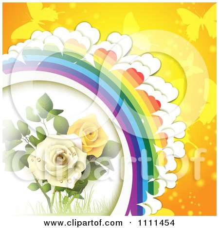 Clipart Background Of Yellow And White Roses Butterflies And A Rainbow 2 - Royalty Free Vector Illustration by merlinul