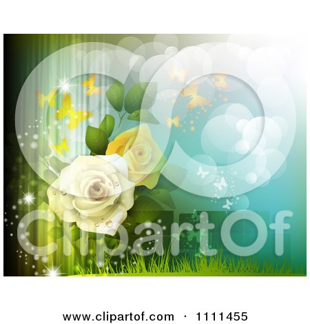 Clipart Background Of Yellow And White Roses Butterflies Light And Flares 1 - Royalty Free Vector Illustration by merlinul