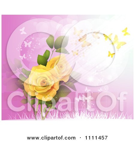 Clipart Background Of Yellow Roses And Butterflies On Pink - Royalty Free Vector Illustration by merlinul