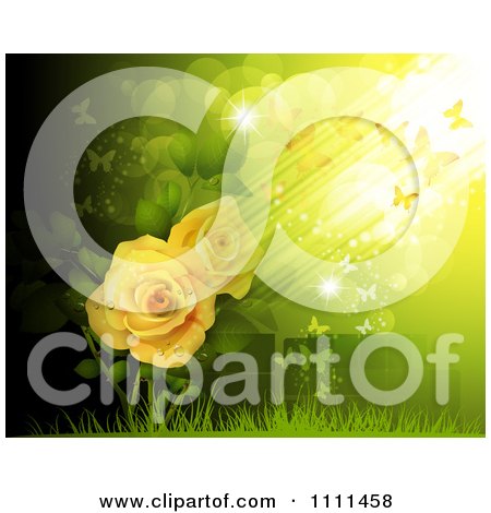 Clipart Background Of Yellow Roses And Butterflies On Green - Royalty Free Vector Illustration by merlinul