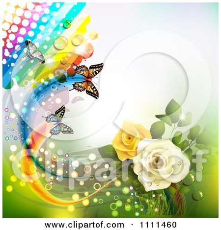 Clipart Background Of Yellow And White Roses Butterflies And A Rainbow 4 - Royalty Free Vector Illustration by merlinul