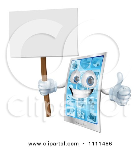Clipart 3d Smart Phone Mascot Holding A Thumb Up And A Blank Sign - Royalty Free Vector Illustration by AtStockIllustration