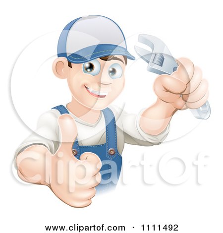 Clipart Happy Mechanic Plumber Or Handy Man Holding A Thumb Up And A Wrench - Royalty Free Vector Illustration by AtStockIllustration