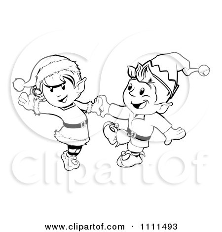 Clipart Outlined Happy Christmas Elves Dancing Together - Royalty Free Vector Illustration by AtStockIllustration
