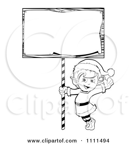 Clipart Outlined Happy Christmas Elf With A Sign - Royalty Free Vector Illustration by AtStockIllustration