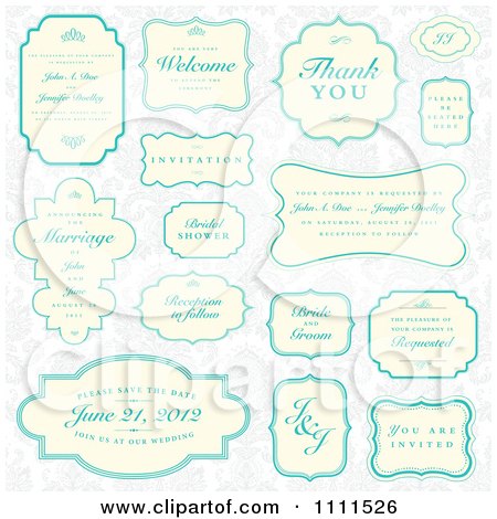 Clipart Turquoise And Beige Wedding Frames And Sample Text On Gray - Royalty Free Vector Illustration by BestVector