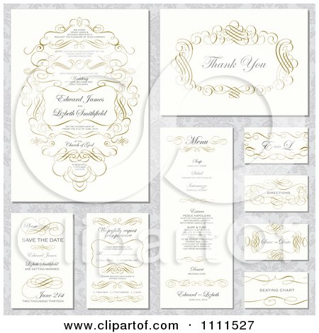 Clipart Wedding Invitation Designs With Sample Text And Gold Swirls - Royalty Free Vector Illustration by BestVector