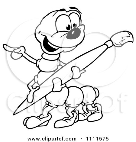Clipart Outlined Centipede Pointing And Holding A Paintbrush - Royalty Free Vector Illustration by dero