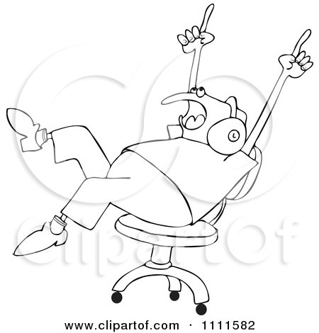 Clipart Outlined Chubby Man Rocking Out To Music Wearing Headaphones And Rolling In A Chair - Royalty Free Vector Illustration by djart
