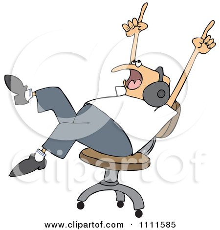 Clipart Chubby Man Rocking Out To Music Wearing Headaphones And Rolling In A Chair - Royalty Free Vector Illustration by djart
