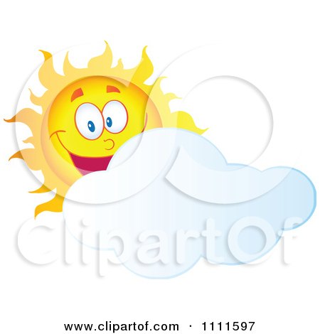 Clipart Cheerful Sun Mascot Behind A Cloud - Royalty Free Vector Illustration by Hit Toon