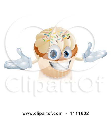 Clipart Happy Vanilla Cupcake Character With Sprinkles - Royalty Free Vector Illustration by AtStockIllustration