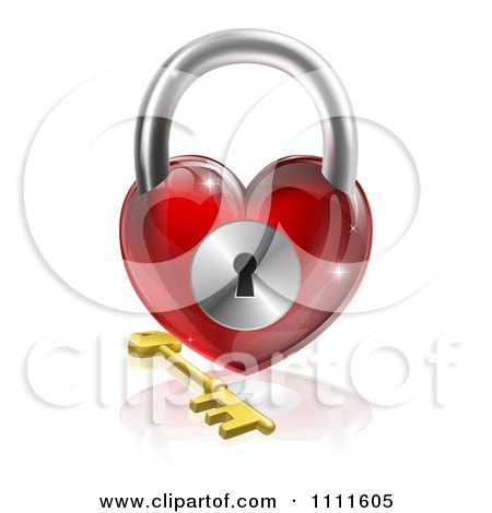 Clipart 3d Red Shiny Heart Padlock And Gold Key With A Reflection - Royalty Free Vector Illustration by AtStockIllustration