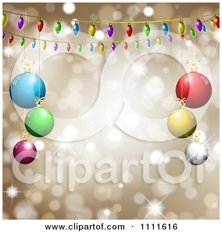 Clipart 3d Christmas Ornaments Strung From Lights On Gold Bokeh - Royalty Free Vector Illustration by KJ Pargeter