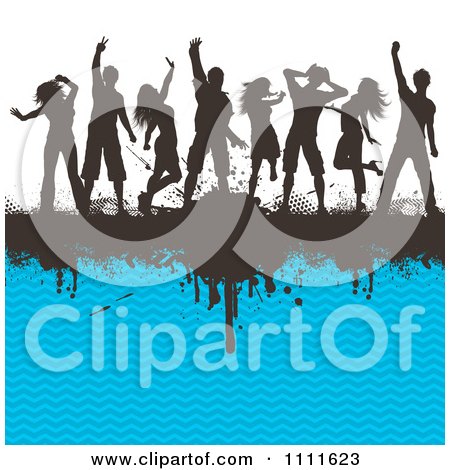 Clipart Silhouetted Dancers On A Black Grunge Bar And Blue Chevron Pattern - Royalty Free Vector Illustration by KJ Pargeter