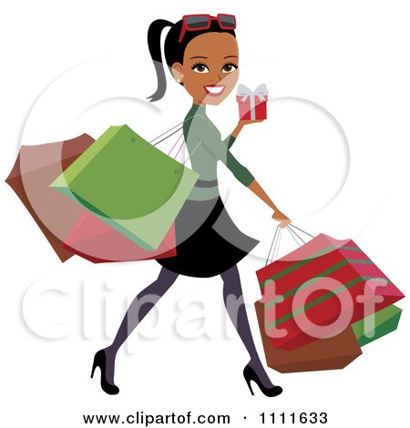 Clipart Happy Black Woman Carrying Bags And Christmas Shopping - Royalty Free Vector Illustration by Monica