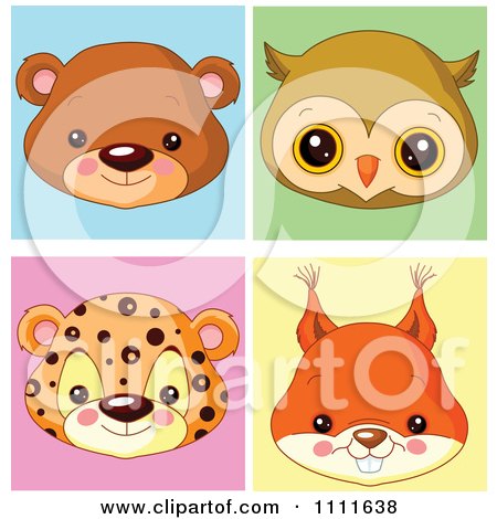 Clipart Cute Bear Owl Leopard And Squirrel Avatar Faces - Royalty Free Vector Illustration by Pushkin