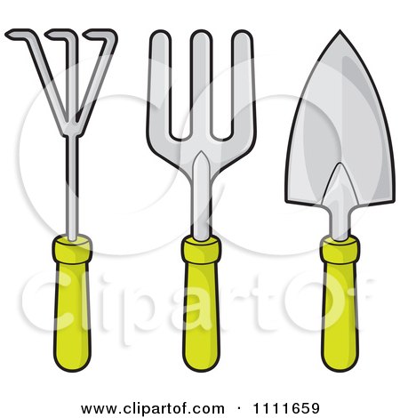 Clipart Green Handled Trowel Rake And Spade Garden Tools - Royalty Free Vector Illustration by Any Vector