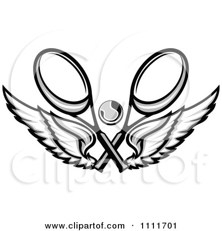 Clipart Grayscale Tennis Rackets A Ball And Wings - Royalty Free Vector Illustration by Chromaco