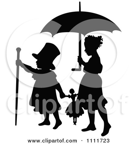 Clipart Silhouetted Boy And Girl Playing With A Doll And Umbrella In Black And White - Royalty Free Vector Illustration by Prawny Vintage