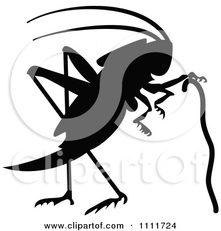 Clipart Silhouetted Cricket With A Cane In Black And White - Royalty Free Vector Illustration by Prawny Vintage