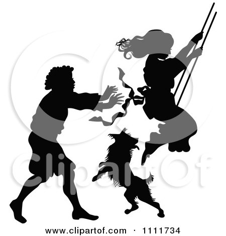 Clipart Silhouetted Boy Pushing A Girl On A Swing In Black And White - Royalty Free Vector Illustration by Prawny Vintage