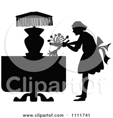 Clipart Silhouetted Maid Dusting A Table In Black And White - Royalty Free Vector Illustration by Prawny Vintage