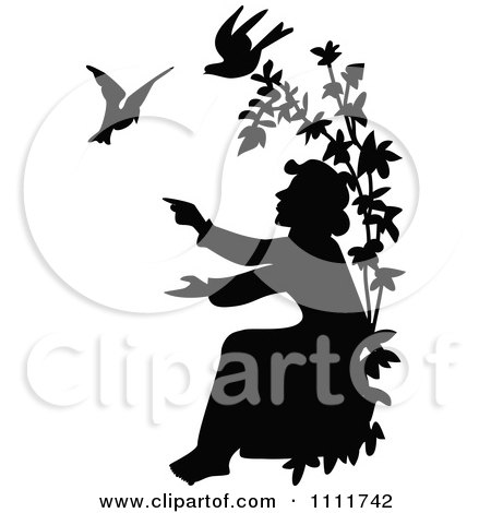 Clipart Silhouetted Man Reaching For Doves In Black And White - Royalty Free Vector Illustration by Prawny Vintage