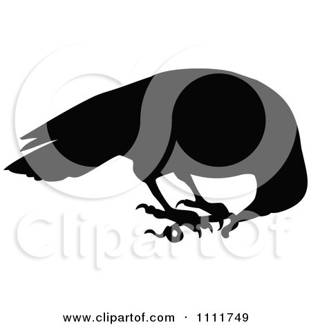 Clipart Silhouetted Raven Eating A Worm In Black And White - Royalty Free Vector Illustration by Prawny Vintage