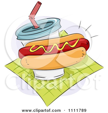 Clipart Hot Dog With Mustard And A Soft Drink On A Green Napkin - Royalty Free Vector Illustration by BNP Design Studio