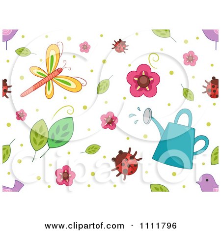 Clipart Seamless Pattern Of Flowers Leaves Ladybugs Dragonflies Birds And A Watering Can On White - Royalty Free Vector Illustration by BNP Design Studio