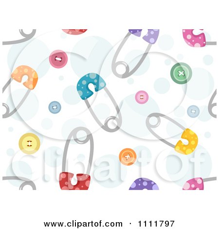 Clipart Seamless Baby Pattern Of Safety Pins And Buttons On Blue Bubbles - Royalty Free Vector Illustration by BNP Design Studio