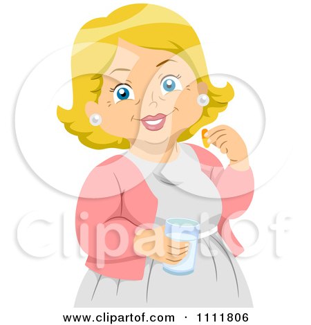 Clipart Happy Female Senior Citizen Holding A Glass Of Water And A Pill - Royalty Free Vector Illustration by BNP Design Studio