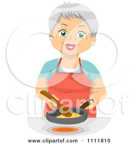 Clipart Happy Female Senior Citizen Cooking Eggs - Royalty Free Vector Illustration by BNP Design Studio