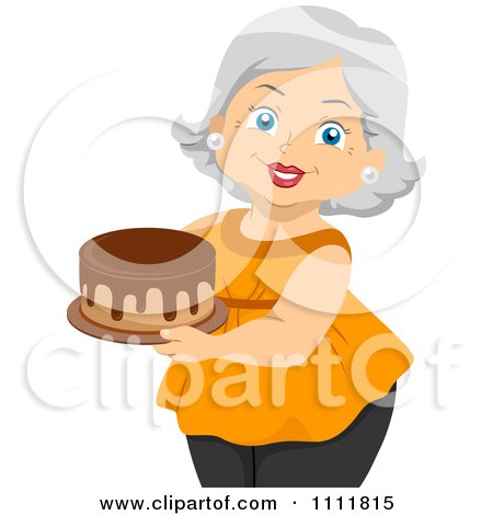Clipart Happy Female Senior Citizen Holding A Cake With Chocolate Frosting - Royalty Free Vector Illustration by BNP Design Studio