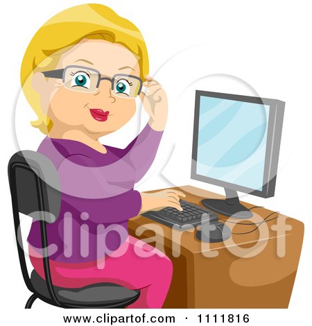 Clipart Female Blond Senior Citizen Working At A Computer Desk - Royalty Free Vector Illustration by BNP Design Studio