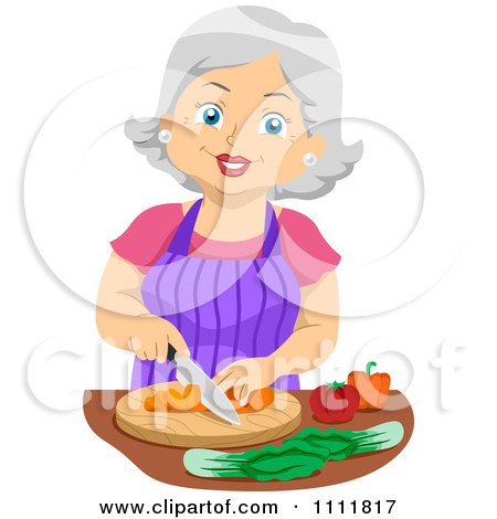 Clipart Happy Female Senior Citizen Chopping Veggies - Royalty Free Vector Illustration by BNP Design Studio