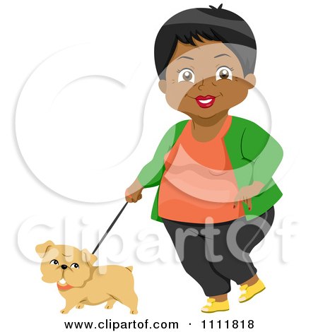 Clipart Happy Black Female Senior Citizen Walking A Dog - Royalty Free Vector Illustration by BNP Design Studio
