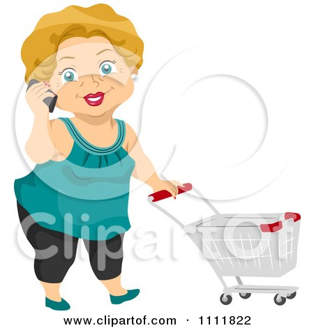 Clipart Happy Female Senior Citizen Talking On A Cell Phone And Pushing A Shopping Cart - Royalty Free Vector Illustration by BNP Design Studio