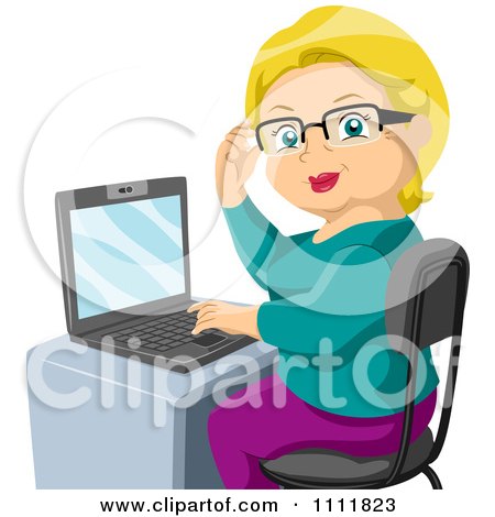 Clipart Female Blond Senior Citizen Adjusting Her Glasses And Working On A Laptop - Royalty Free Vector Illustration by BNP Design Studio